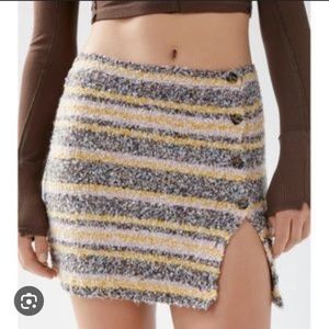 UO Fuzzy Mod Stripe Button Mini Skirt Slit Medium Pink White Yellow Warm Knit
